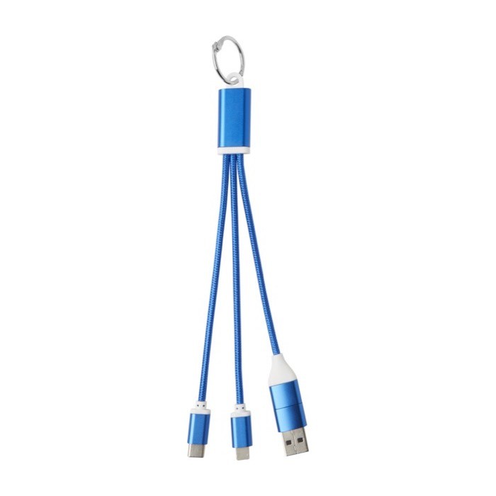 Cable de carga 4 en 1 de aluminio reciclado con llavero incluido color azul real segunda vista frontal Cable de carga 4 en 1 de aluminio reciclado con llavero incluido color azul real segunda vista frontal