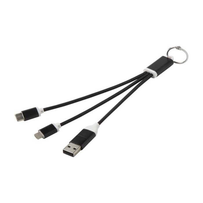 Cable de carga 4 en 1 de aluminio reciclado con llavero incluido color negro Cable de carga 4 en 1 de aluminio reciclado con llavero incluido color negro