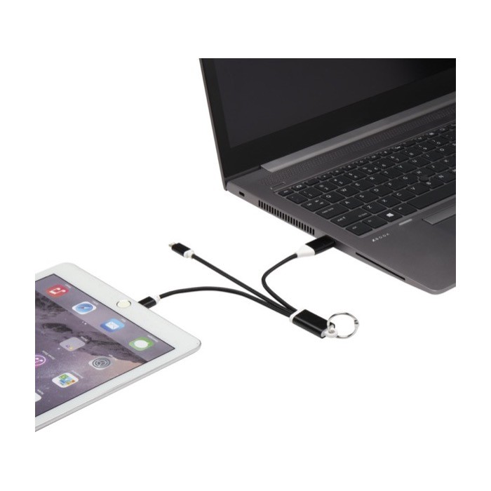 Cable de carga 4 en 1 de aluminio reciclado con llavero incluido color negro segunda vista Cable de carga 4 en 1 de aluminio reciclado con llavero incluido color negro segunda vista