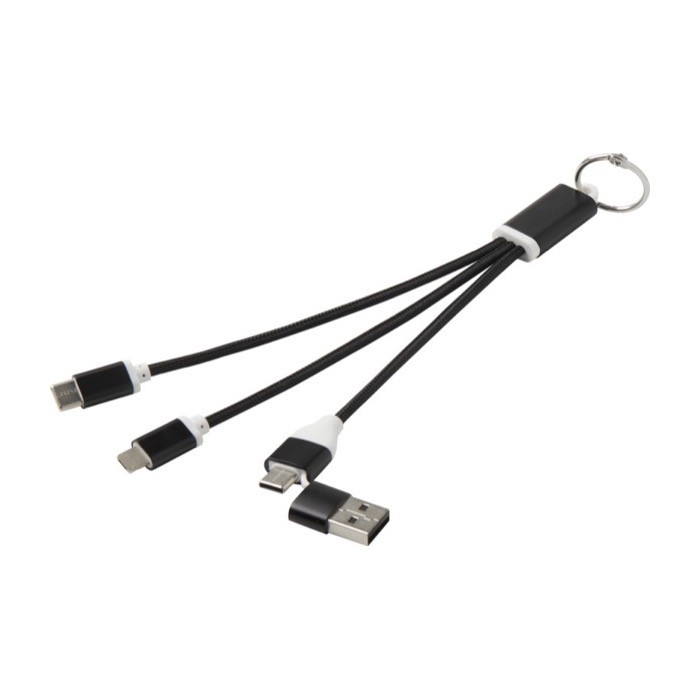 Cable de carga 4 en 1 de aluminio reciclado con llavero incluido color negro cuarta vista Cable de carga 4 en 1 de aluminio reciclado con llavero incluido color negro cuarta vista