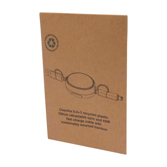 Cable retráctil de carga rápida 5 en 1 con sincronización de datos color blanco segunda vista con caja