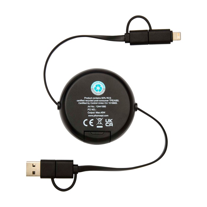 Cable retráctil de carga rápida 5 en 1 con sincronización de datos color negro segunda vista trasera