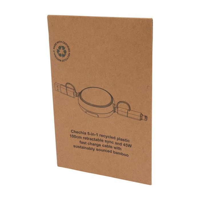 Cable retráctil de carga rápida 5 en 1 con sincronización de datos color negro segunda vista con caja