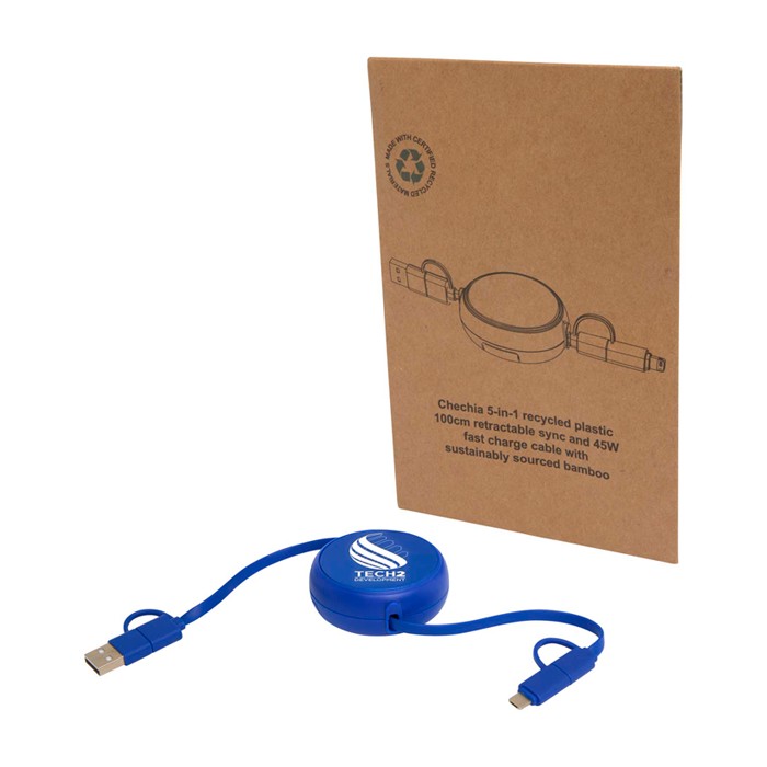 Cable retráctil de sincronización de datos con plástico y aluminio color azul real vista impresa logo 2 Cable retráctil de sincronización de datos con plástico y aluminio color azul real vista impresa logo 2