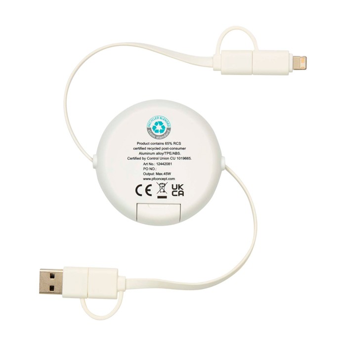 Cable retráctil de sincronización de datos con plástico y aluminio color plateado segunda vista trasera Cable retráctil de sincronización de datos con plástico y aluminio color plateado segunda vista trasera