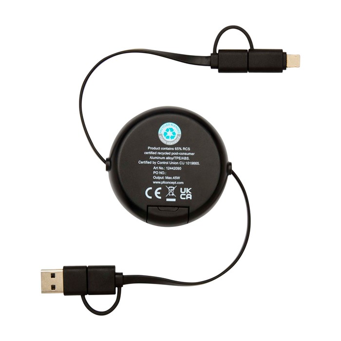 Cable retráctil de sincronización de datos con plástico y aluminio color negro segunda vista trasera Cable retráctil de sincronización de datos con plástico y aluminio color negro segunda vista trasera