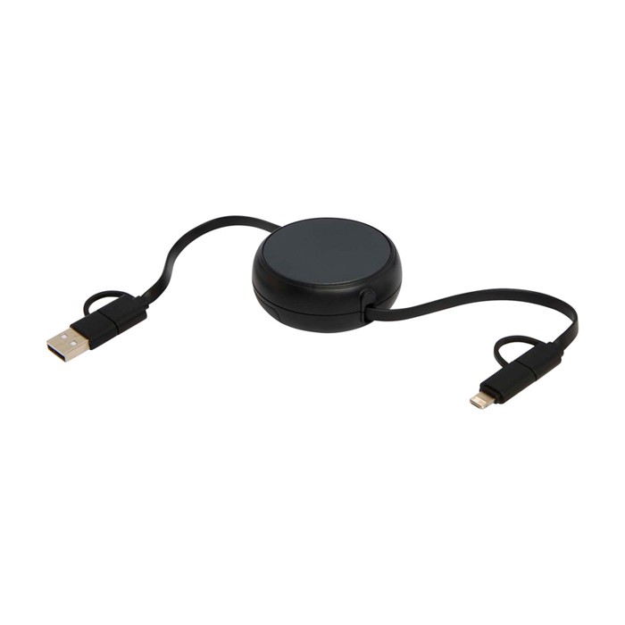 Cable retráctil de sincronización de datos con plástico y aluminio color negro segunda vista Cable retráctil de sincronización de datos con plástico y aluminio color negro segunda vista