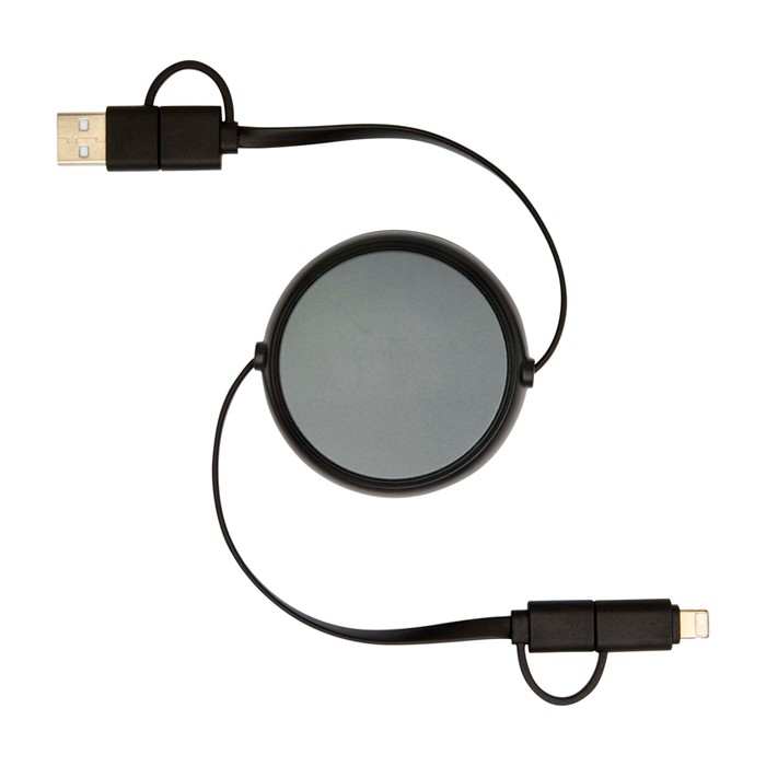 Cable retráctil de sincronización de datos con plástico y aluminio color negro segunda vista frontal Cable retráctil de sincronización de datos con plástico y aluminio color negro segunda vista frontal