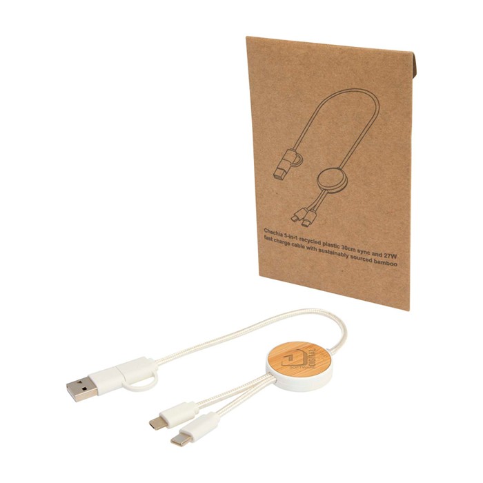 Cable de sincronización de datos y carga rápida con bambú 27W color blanco vista impresa logo 2 Cable de sincronización de datos y carga rápida con bambú 27W color blanco vista impresa logo 2