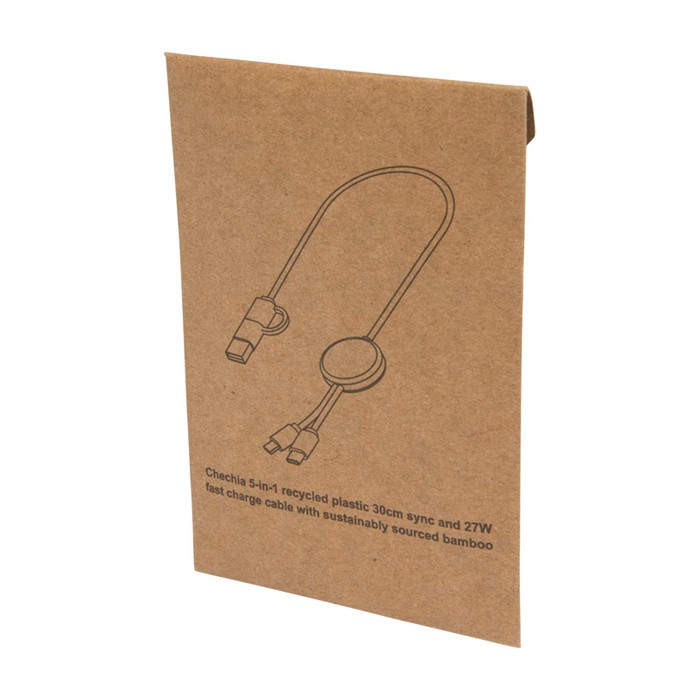 Cable de sincronización de datos y carga rápida con bambú 27W color blanco segunda vista con caja Cable de sincronización de datos y carga rápida con bambú 27W color blanco segunda vista con caja