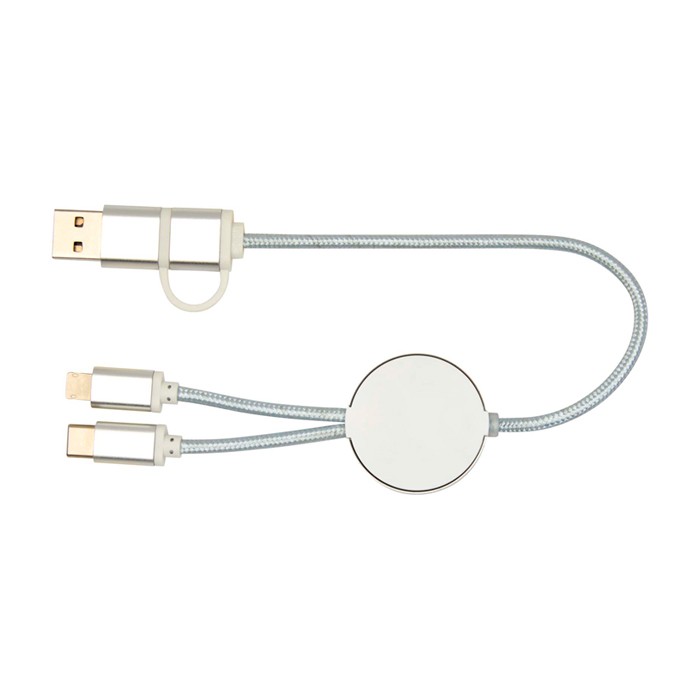 Cable de aluminio y plástico reciclado con carga rápida 5 en 1 color plateado segunda vista trasera Cable de aluminio y plástico reciclado con carga rápida 5 en 1 color plateado segunda vista trasera