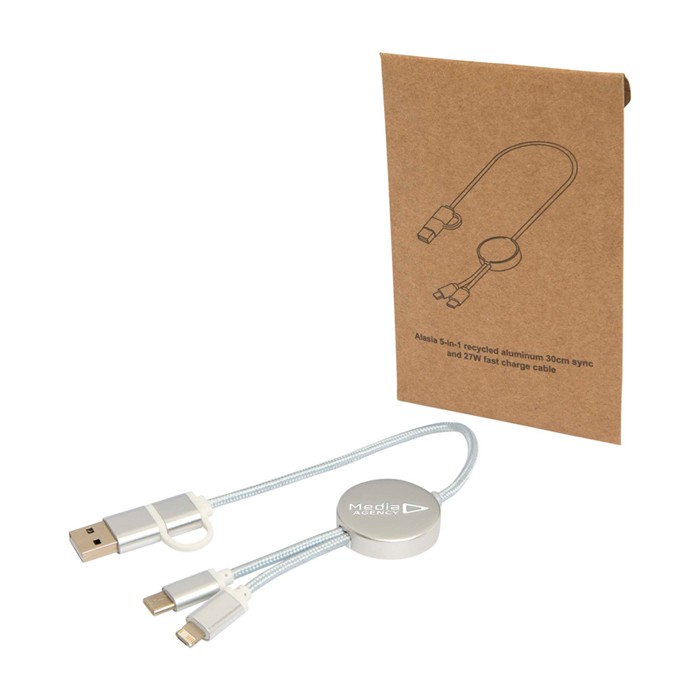 Cable de aluminio y plástico reciclado con carga rápida 5 en 1 color plateado vista impresa logo 2 Cable de aluminio y plástico reciclado con carga rápida 5 en 1 color plateado vista impresa logo 2