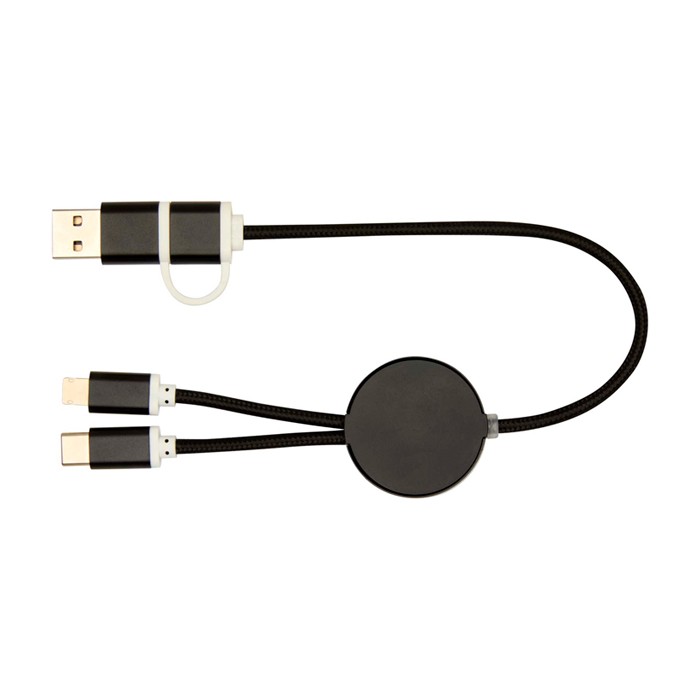 Cable de aluminio y plástico reciclado con carga rápida 5 en 1 color negro segunda vista trasera Cable de aluminio y plástico reciclado con carga rápida 5 en 1 color negro segunda vista trasera