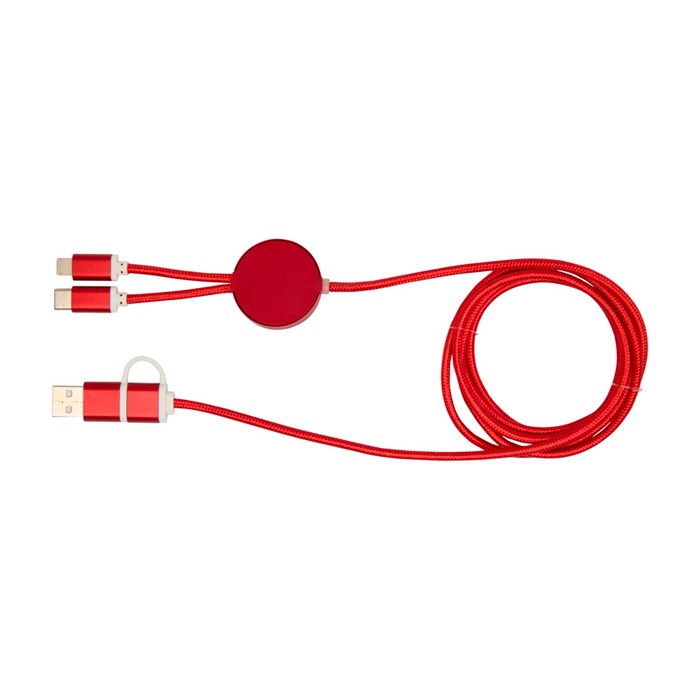 Cable de carga de plástico reciclado y aluminio que sincroniza 5 en 1 color rojo segunda vista trasera