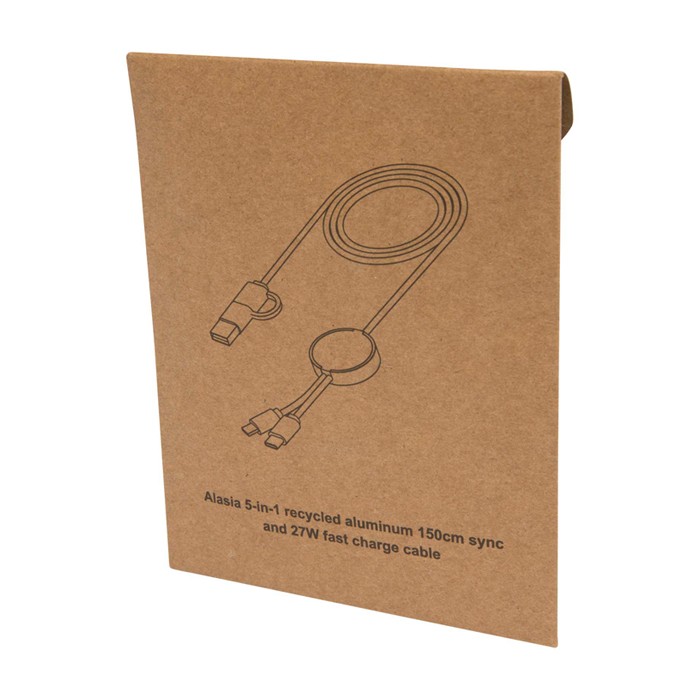 Cable de carga de plástico reciclado y aluminio que sincroniza 5 en 1 color rojo segunda vista con caja