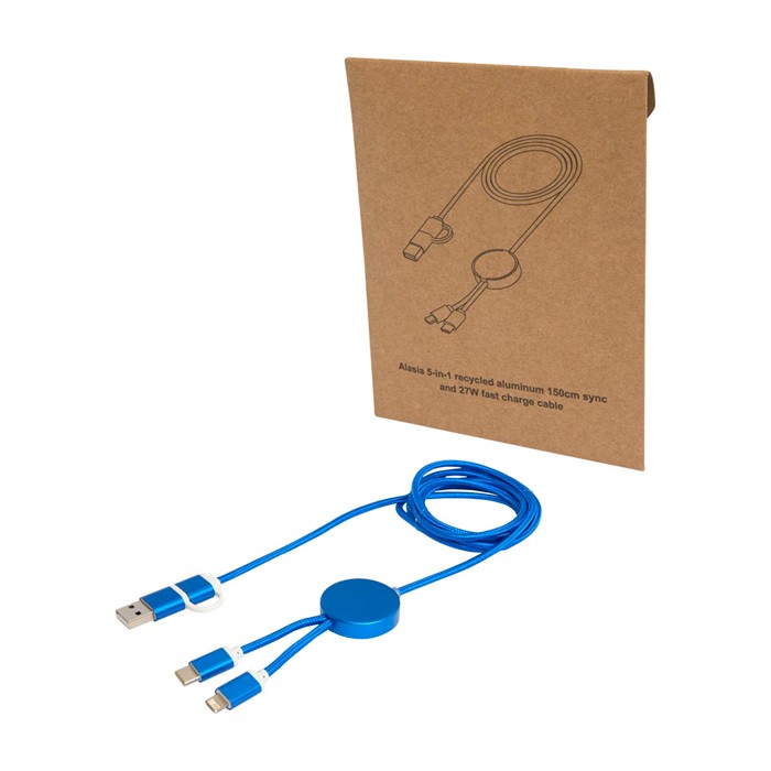 Cable de carga de plástico reciclado y aluminio que sincroniza 5 en 1 color azul real