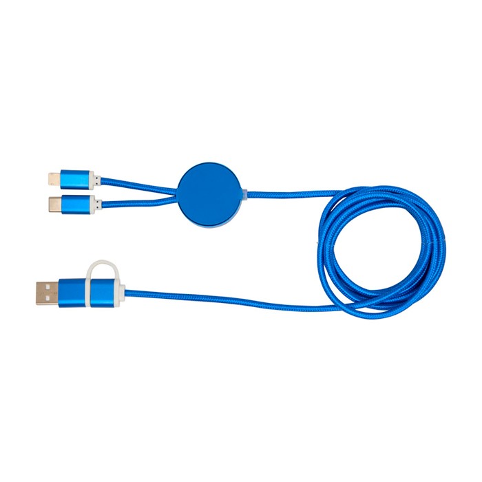 Cable de carga de plástico reciclado y aluminio que sincroniza 5 en 1 color azul real segunda vista trasera