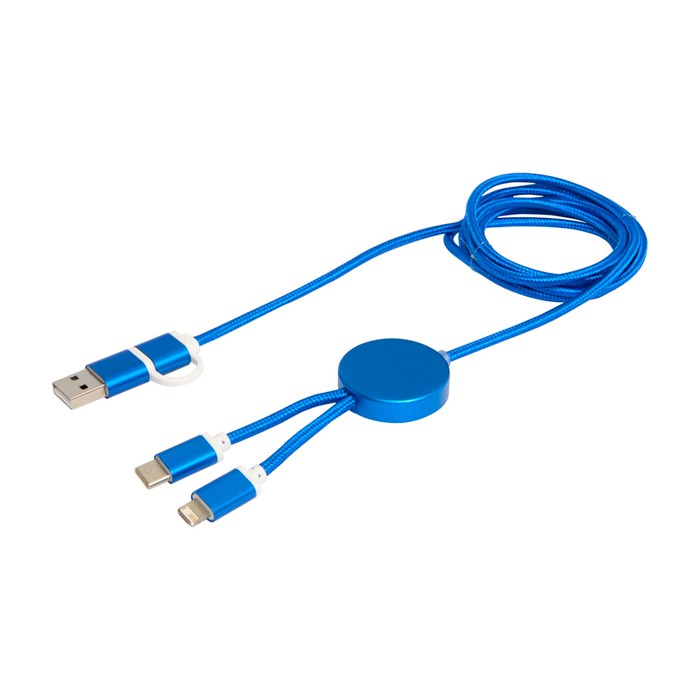 Cable de carga de plástico reciclado y aluminio que sincroniza 5 en 1 color azul real segunda vista