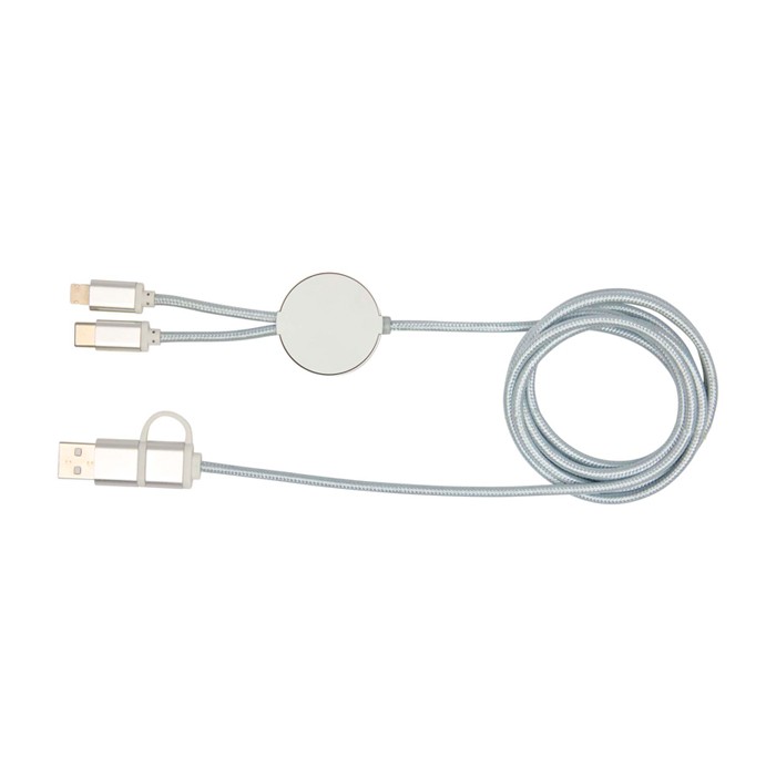 Cable de carga de plástico reciclado y aluminio que sincroniza 5 en 1 color plateado segunda vista trasera