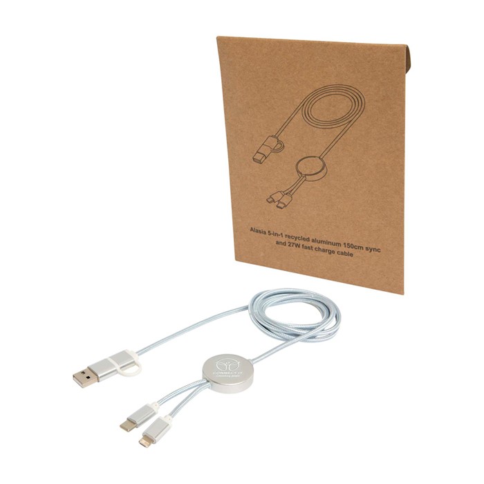 Cable de carga de plástico reciclado y aluminio que sincroniza 5 en 1 color plateado vista impresa logo 2