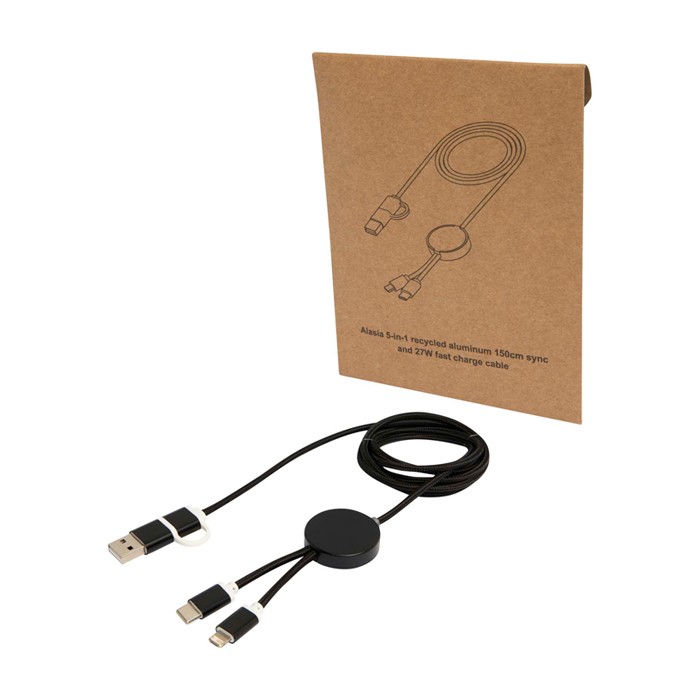 Cable de carga de plástico reciclado y aluminio que sincroniza 5 en 1 color negro