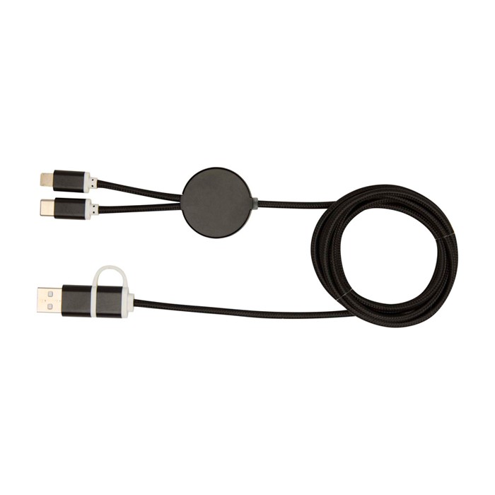 Cable de carga de plástico reciclado y aluminio que sincroniza 5 en 1 color negro segunda vista trasera