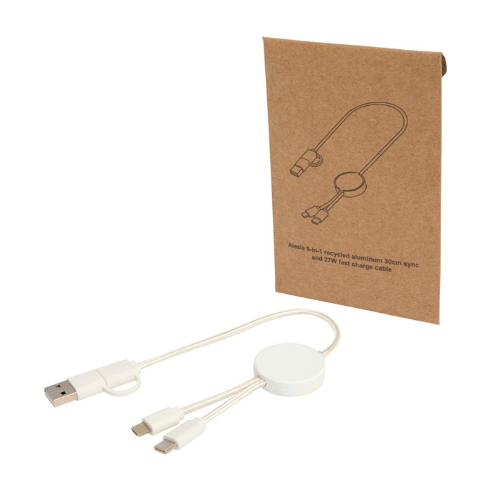 Cable de carga rápida con plástico reciclado y sincronización 5 en 1 color blanco Cable de carga rápida con plástico reciclado y sincronización 5 en 1 color blanco