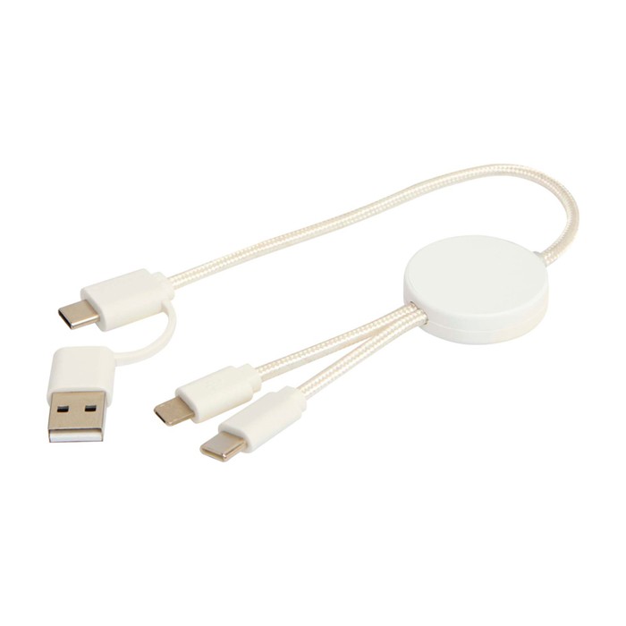 Cable de carga rápida con plástico reciclado y sincronización 5 en 1 color blanco tercera vista Cable de carga rápida con plástico reciclado y sincronización 5 en 1 color blanco tercera vista