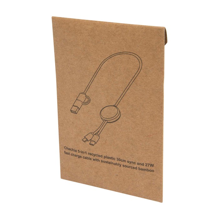 Cable de carga rápida con plástico reciclado y sincronización 5 en 1 color negro segunda vista con caja Cable de carga rápida con plástico reciclado y sincronización 5 en 1 color negro segunda vista con caja