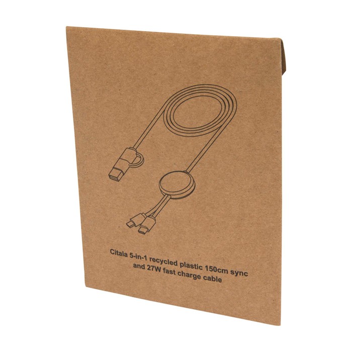 Cable de plástico reciclado y sincronización de datos 27W 5 en 1 color blanco segunda vista con caja Cable de plástico reciclado y sincronización de datos 27W 5 en 1 color blanco segunda vista con caja