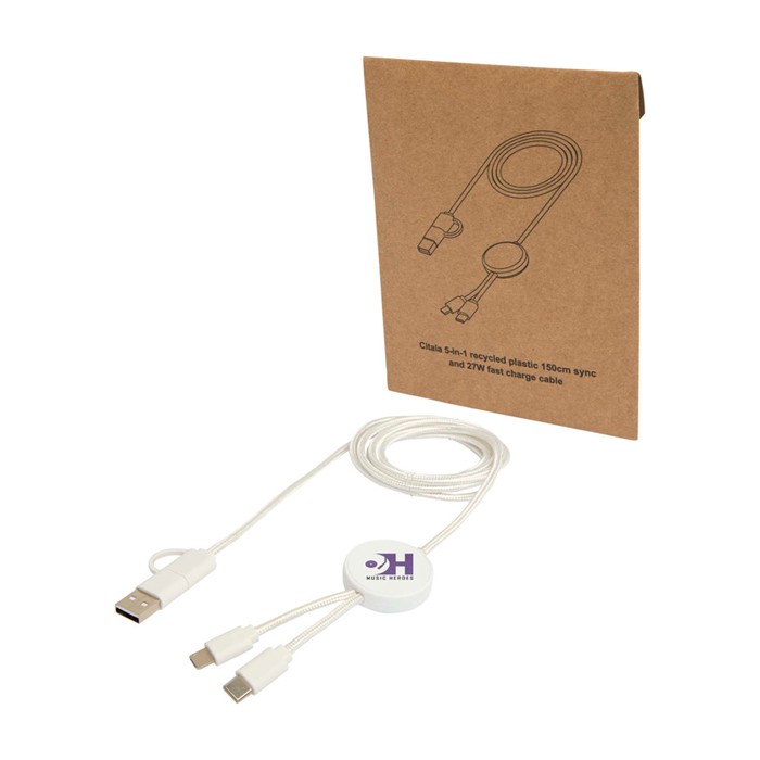 Cable de plástico reciclado y sincronización de datos 27W 5 en 1 color blanco vista impresión tampografía Cable de plástico reciclado y sincronización de datos 27W 5 en 1 color blanco vista impresión tampografía