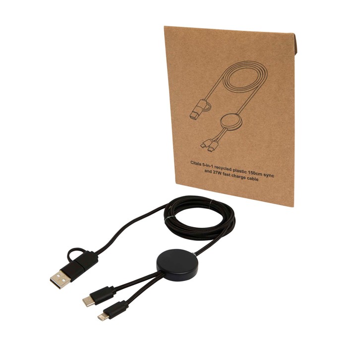 Cable de plástico reciclado y sincronización de datos 27W 5 en 1 color negro Cable de plástico reciclado y sincronización de datos 27W 5 en 1 color negro