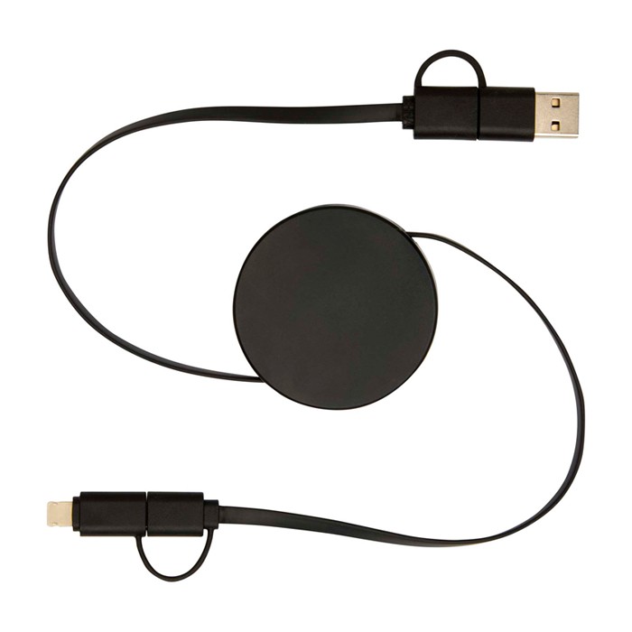 Cable de plástico reciclado con carga rápida y sincronización 5 en 1 color negro segunda vista frontal