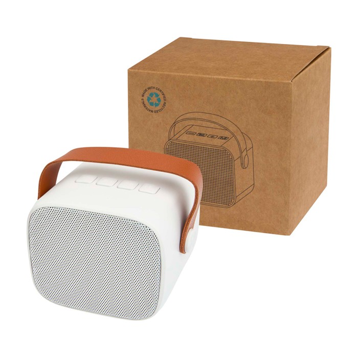 Altavoz inalámbrico de plástico reciclado con correa de cuero 3W color blanco Altavoz inalámbrico de plástico reciclado con correa de cuero 3W color blanco