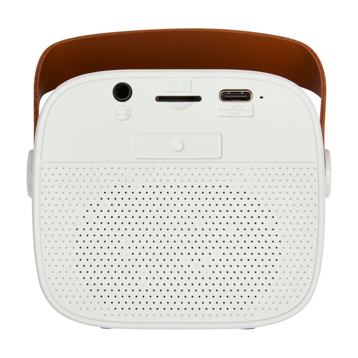 Altavoz inalámbrico de plástico reciclado con correa de cuero 3W color blanco segunda vista trasera Altavoz inalámbrico de plástico reciclado con correa de cuero 3W color blanco segunda vista trasera