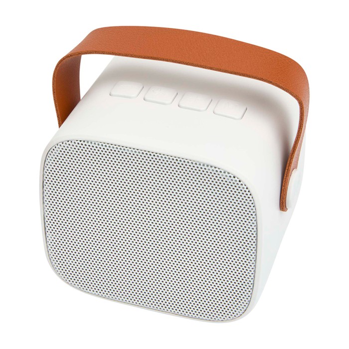 Altavoz inalámbrico de plástico reciclado con correa de cuero 3W color blanco segunda vista Altavoz inalámbrico de plástico reciclado con correa de cuero 3W color blanco segunda vista