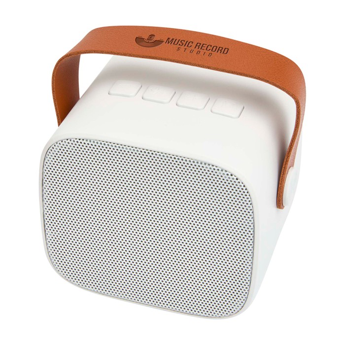 Altavoz inalámbrico de plástico reciclado con correa de cuero 3W color blanco Altavoz inalámbrico de plástico reciclado con correa de cuero 3W color blanco