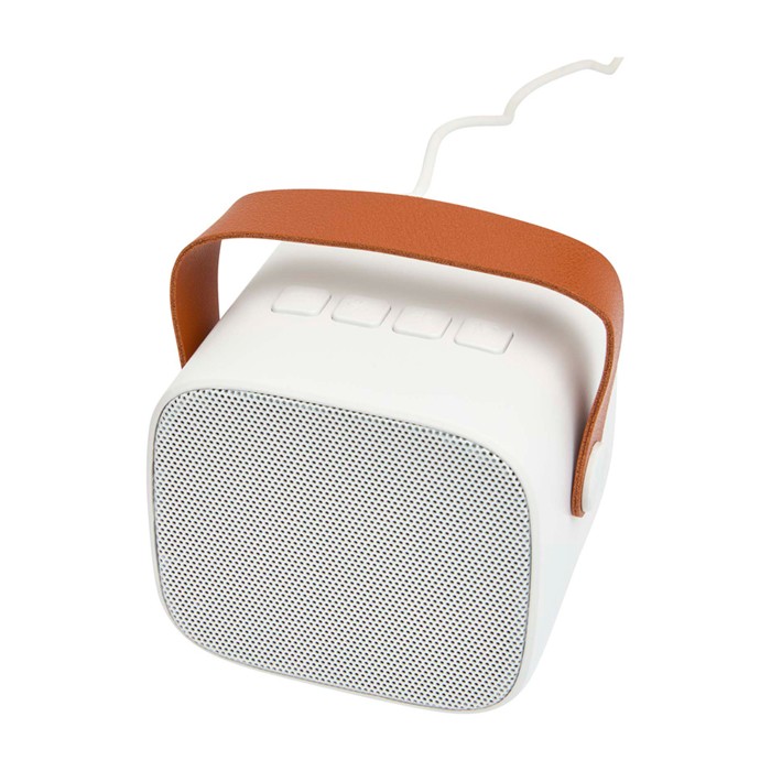 Altavoz inalámbrico de plástico reciclado con correa de cuero 3W color blanco tercera vista Altavoz inalámbrico de plástico reciclado con correa de cuero 3W color blanco tercera vista