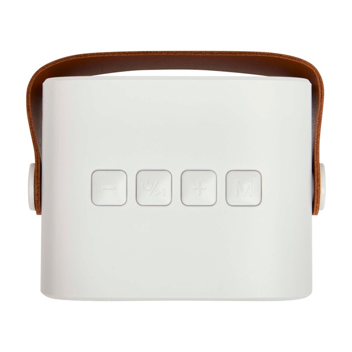 Altavoz inalámbrico de plástico reciclado con correa de cuero 3W color blanco tercera vista frontal Altavoz inalámbrico de plástico reciclado con correa de cuero 3W color blanco tercera vista frontal