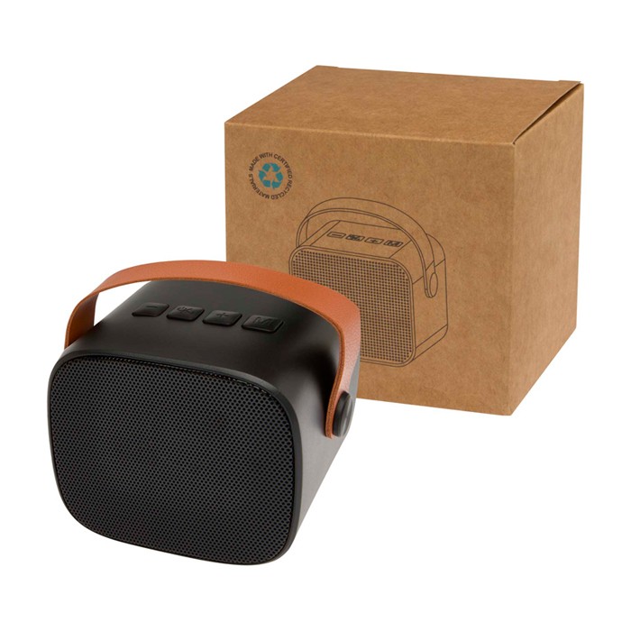 Altavoz inalámbrico de plástico reciclado con correa de cuero 3W color negro Altavoz inalámbrico de plástico reciclado con correa de cuero 3W color negro