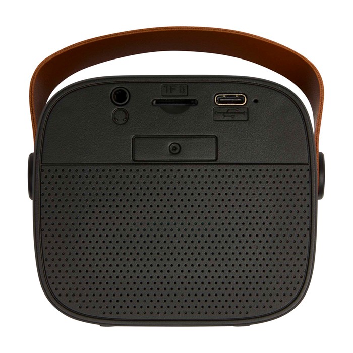 Altavoz inalámbrico de plástico reciclado con correa de cuero 3W color negro segunda vista trasera Altavoz inalámbrico de plástico reciclado con correa de cuero 3W color negro segunda vista trasera
