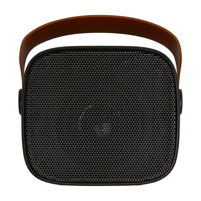 Altavoz inalámbrico de plástico reciclado con correa de cuero 3W color negro segunda vista frontal Altavoz inalámbrico de plástico reciclado con correa de cuero 3W color negro segunda vista frontal