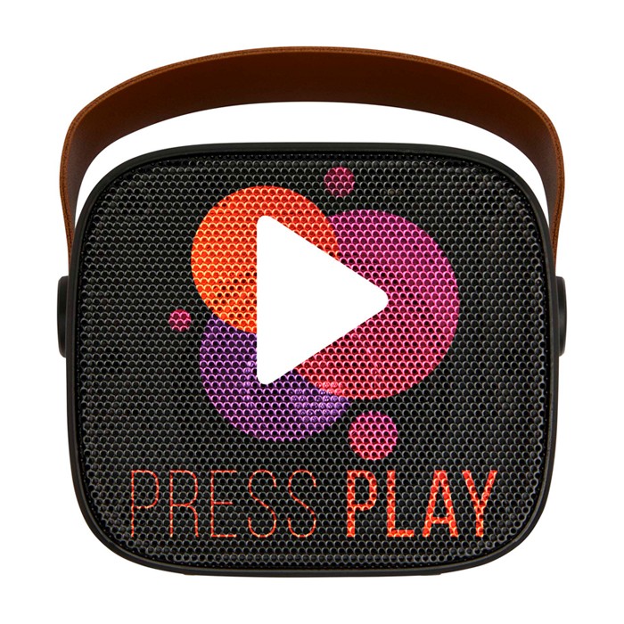 Altavoz inalámbrico de plástico reciclado con correa de cuero 3W color negro Altavoz inalámbrico de plástico reciclado con correa de cuero 3W color negro