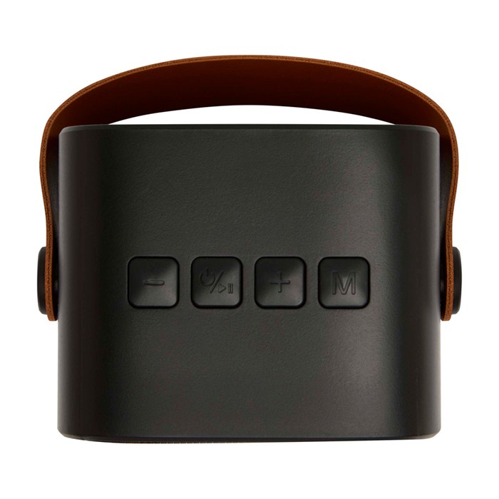 Altavoz inalámbrico de plástico reciclado con correa de cuero 3W color negro tercera vista frontal Altavoz inalámbrico de plástico reciclado con correa de cuero 3W color negro tercera vista frontal