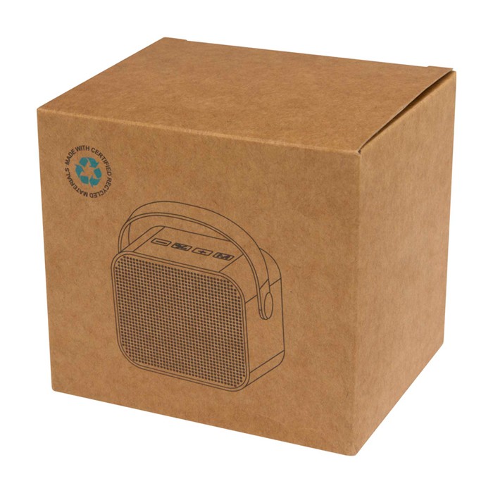 Altavoz inalámbrico de plástico reciclado con correa de cuero 3W color negro segunda vista con caja Altavoz inalámbrico de plástico reciclado con correa de cuero 3W color negro segunda vista con caja