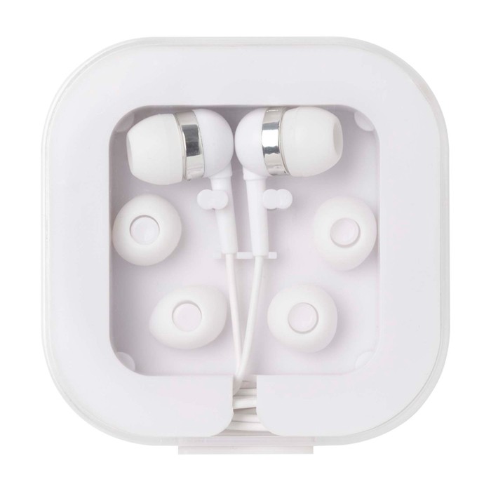 Auriculares cómodos tipo C con caja de plástico reciclado color blanco segunda vista frontal Auriculares cómodos tipo C con caja de plástico reciclado color blanco segunda vista frontal