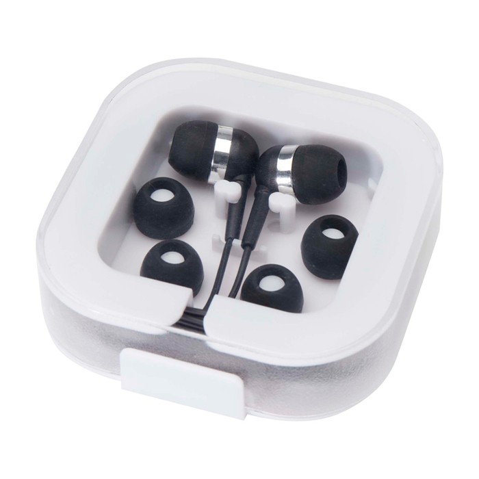 Auriculares cómodos tipo C con caja de plástico reciclado color negro Auriculares cómodos tipo C con caja de plástico reciclado color negro