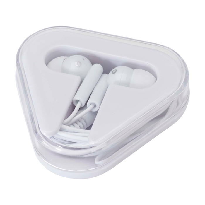 Auriculares sencillos con conector de audio y estuche triangular color blanco Auriculares sencillos con conector de audio y estuche triangular color blanco