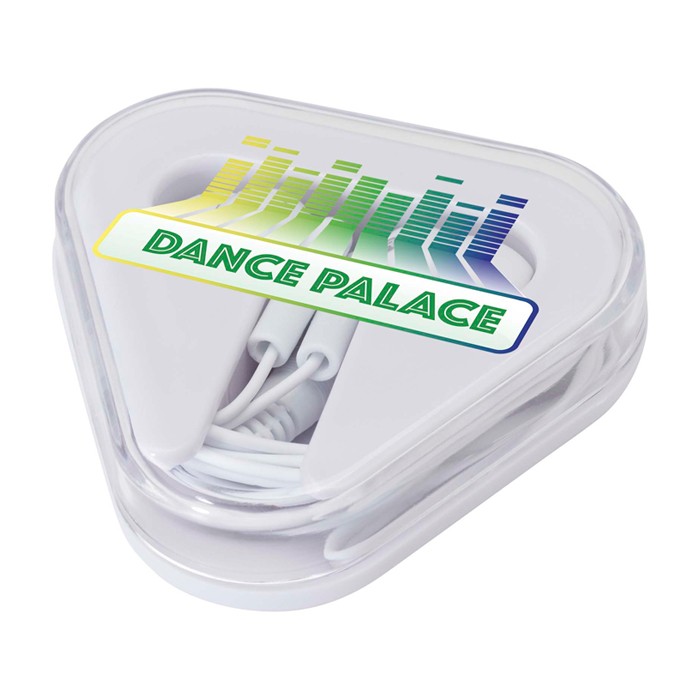 Auriculares sencillos con conector de audio y estuche triangular color blanco Auriculares sencillos con conector de audio y estuche triangular color blanco