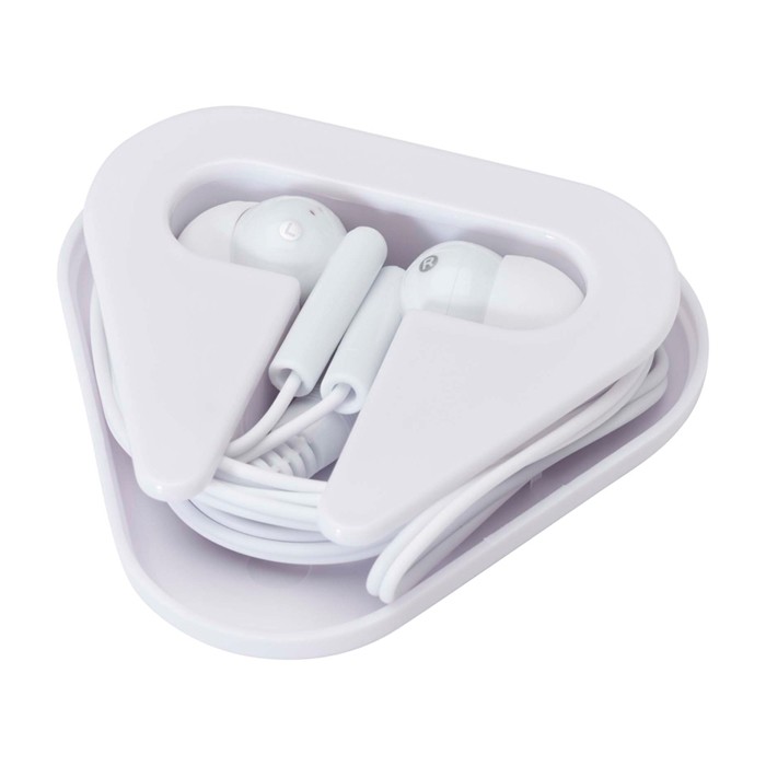 Auriculares sencillos con conector de audio y estuche triangular color blanco segunda vista Auriculares sencillos con conector de audio y estuche triangular color blanco segunda vista